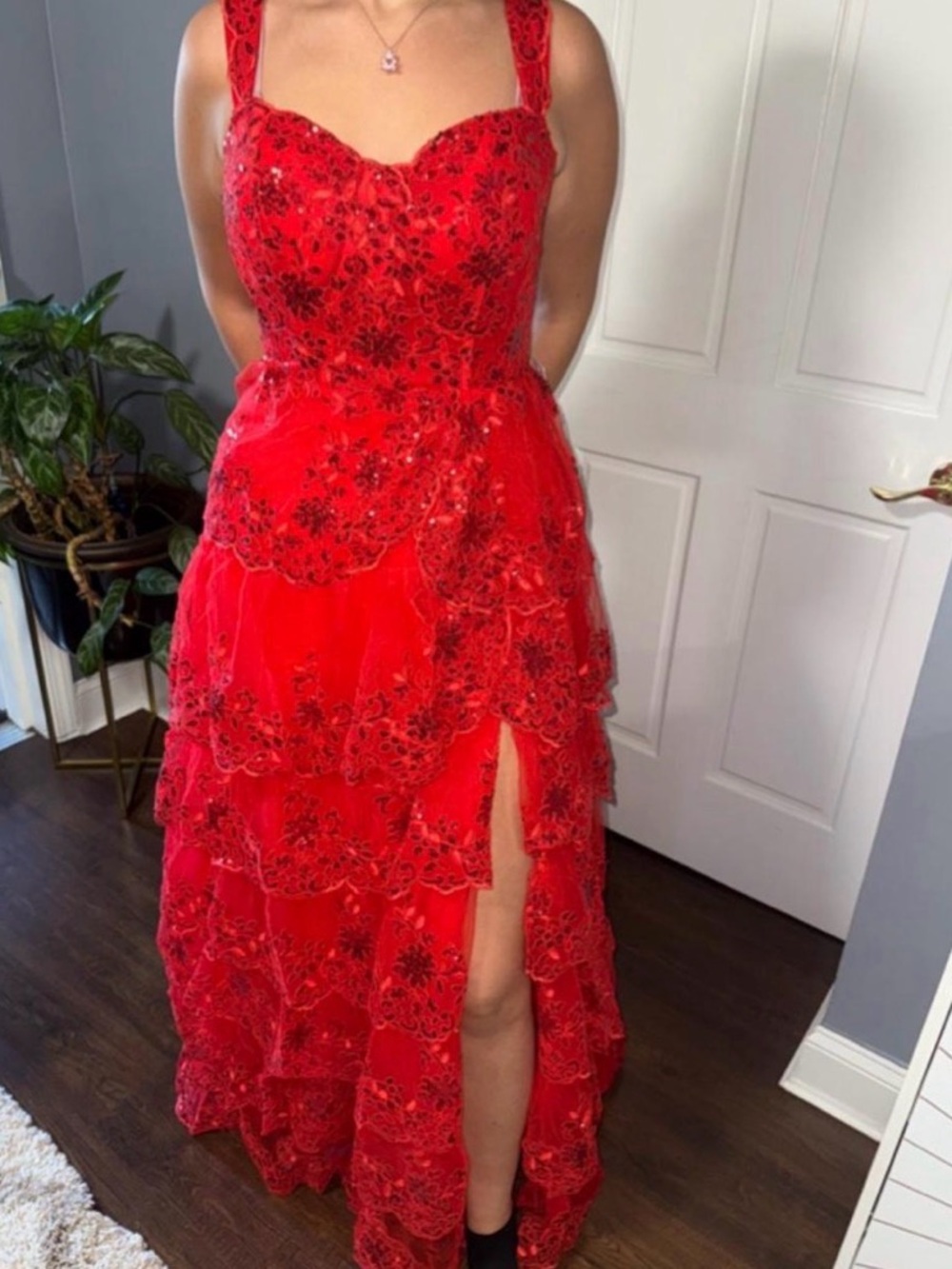 Red Lace Tiered Evening Dress with Front Slit